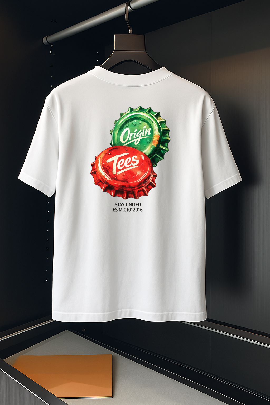 Origin Tees “Stay United” Bottle Cap Back Print T-Shirt