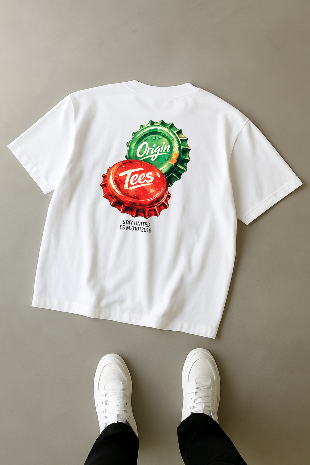 Origin Tees “Stay United” Bottle Cap Back Print T-Shirt